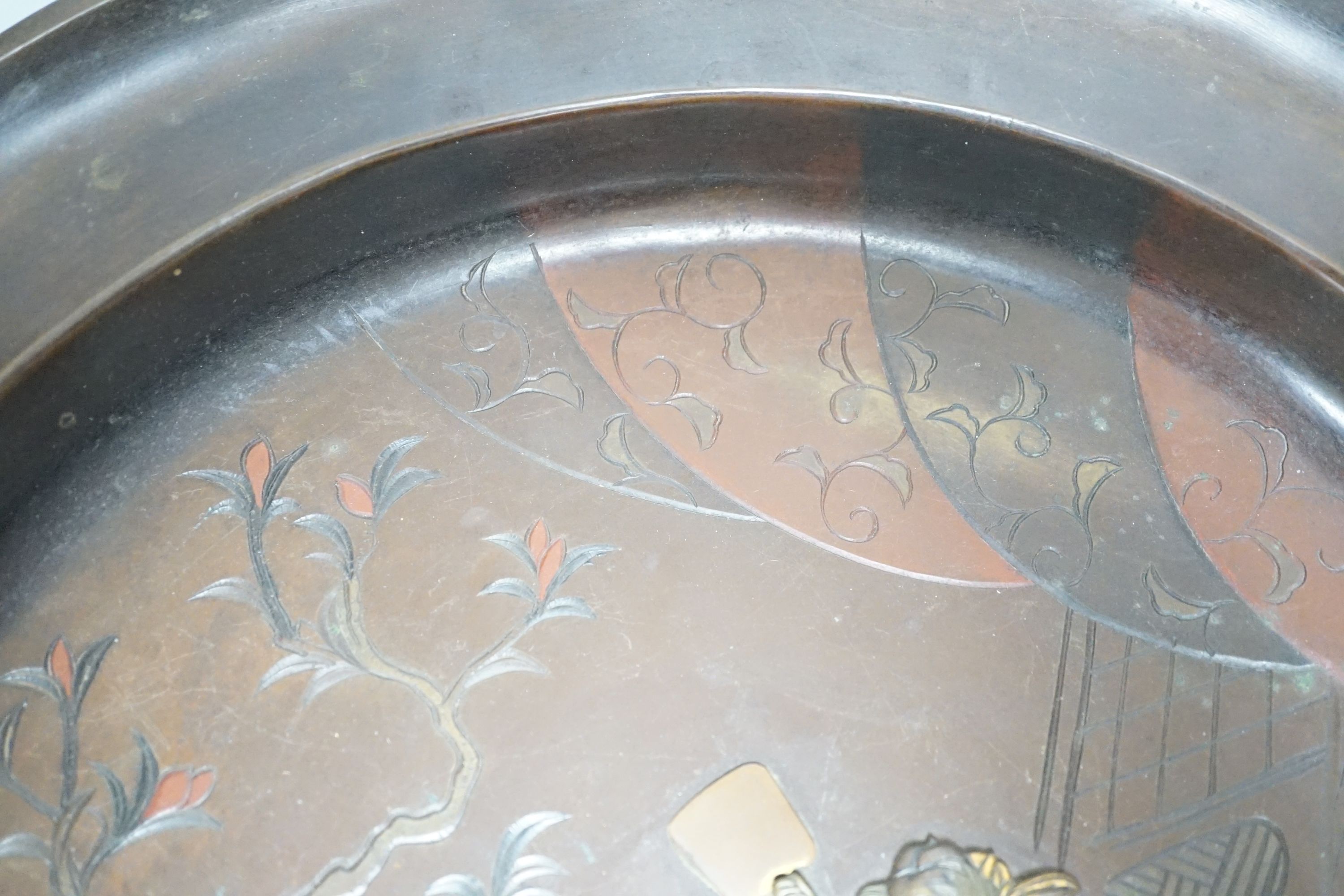 A Japanese inlaid bronze dish - 30cm diameter